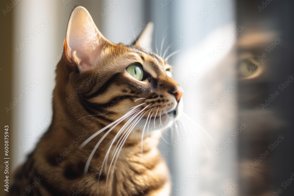 Conceptual portrait photography of a curious bengal cat whisker twitching against a bright window. With generative AI technology