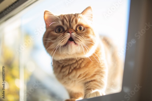 Conceptual portrait photography of a happy exotic shorthair cat climbing against a bright window. With generative AI technology © Markus Schröder