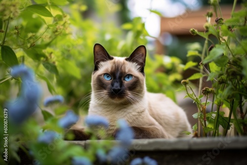 Photo Group portrait photography of a smiling siamese cat back-arching against a garden backdrop