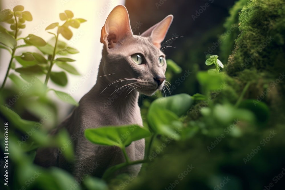 Environmental portrait photography of a happy oriental shorthair cat wall climbing against a garden backdrop. With generative AI technology