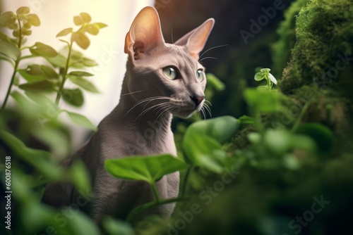 Environmental portrait photography of a happy oriental shorthair cat wall climbing against a garden backdrop. With generative AI technology