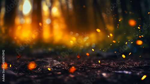 Beautiful Celebrational Magical bokeh effect image of fireflies dancing in the dark  with the blurred background creating an enchanting atmosphere For Celebration Project. AI Generated