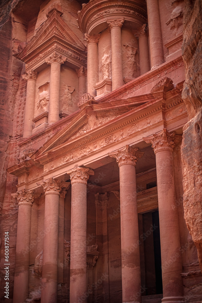 View of the Al-Khazneh Palace or Treasury in Petra, Jordan.