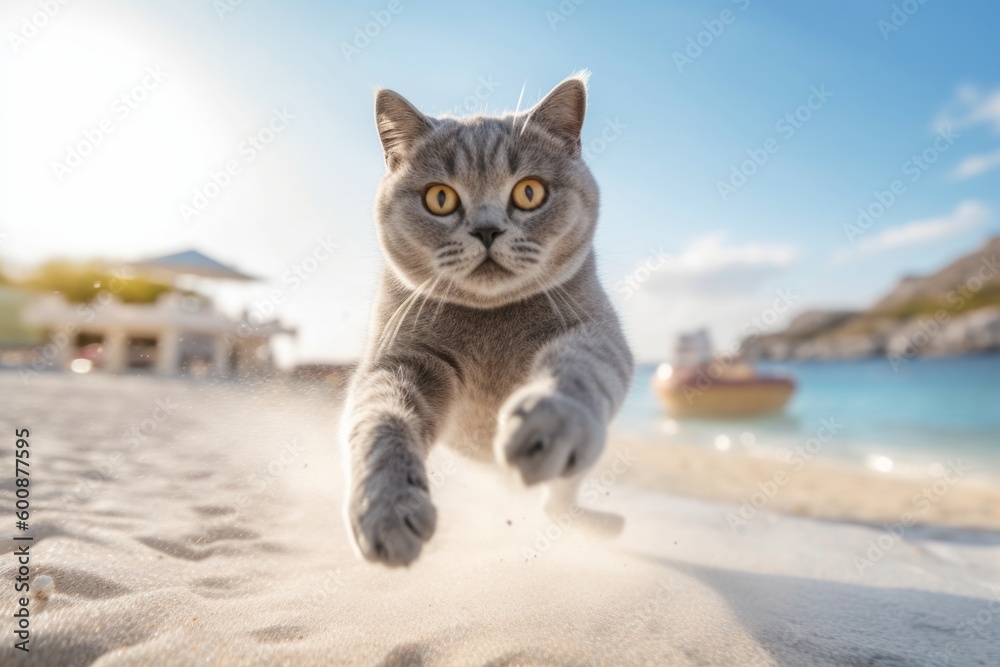 Medium shot portrait photography of a smiling british shorthair cat leaping against a serene beach. With generative AI technology