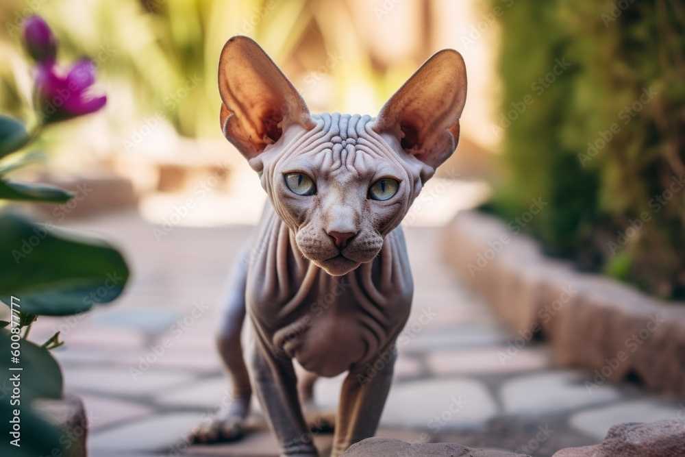 Group portrait photography of a happy sphynx cat begging for food against a charming garden path. With generative AI technology