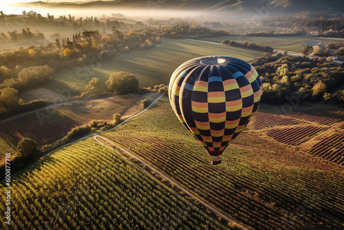 Hot air balloon flying above scenic landscape at sunrise or sunset. Generative AI