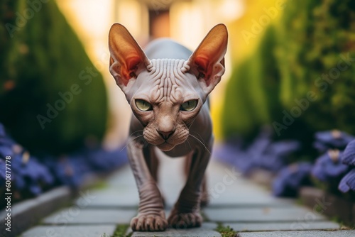 Group portrait photography of a happy sphynx cat begging for food against a charming garden path. With generative AI technology