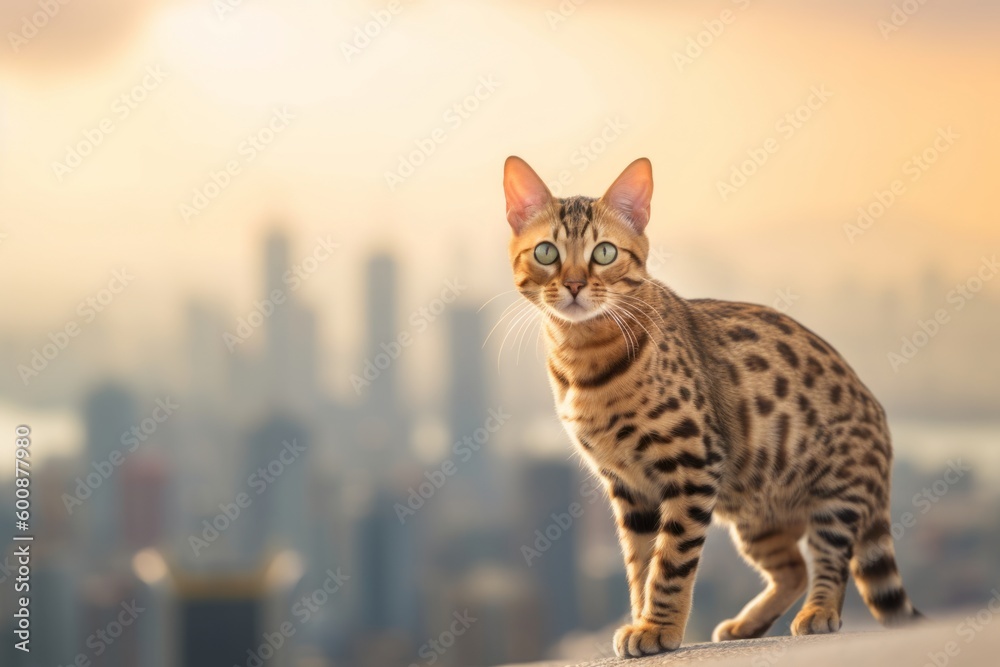 Full-length portrait photography of a happy ocicat climbing against a stunning skyline. With generative AI technology Full-length portrait photography of a happy ocicat climbing against a stunning skyline. With generative AI technology