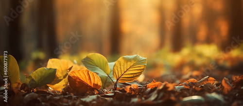 Autumn leaves decorate beautiful nature background with forest ground, generative AI tools 
