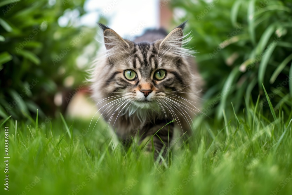 Medium shot portrait photography of a curious siberian cat pouncing against a lush green lawn. With generative AI technology