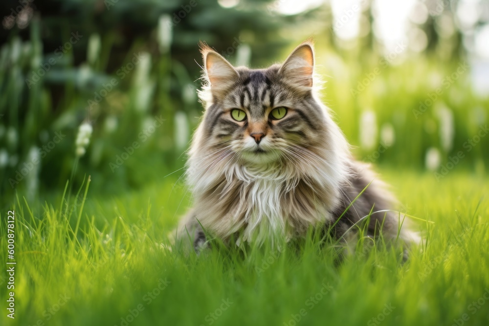 Group portrait photography of a smiling siberian cat skulking against a lush green lawn. With generative AI technology