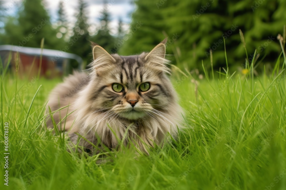 Group portrait photography of a smiling siberian cat skulking against a lush green lawn. With generative AI technology