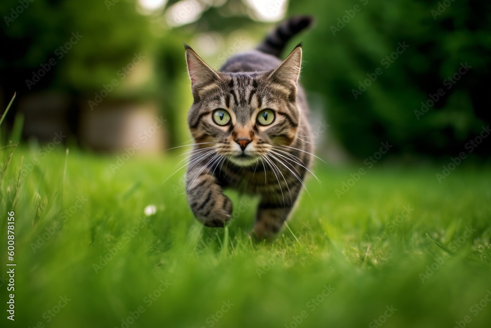 Full-length portrait photography of a happy manx cat sprinting against a lush green lawn. With generative AI technology