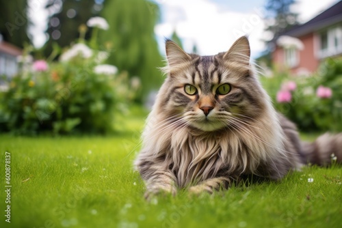 Group portrait photography of a smiling siberian cat skulking against a lush green lawn. With generative AI technology © Markus Schröder