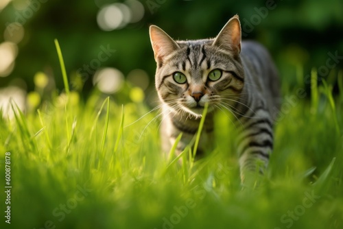 Medium shot portrait photography of a happy american shorthair cat climbing against a lush green lawn. With generative AI technology