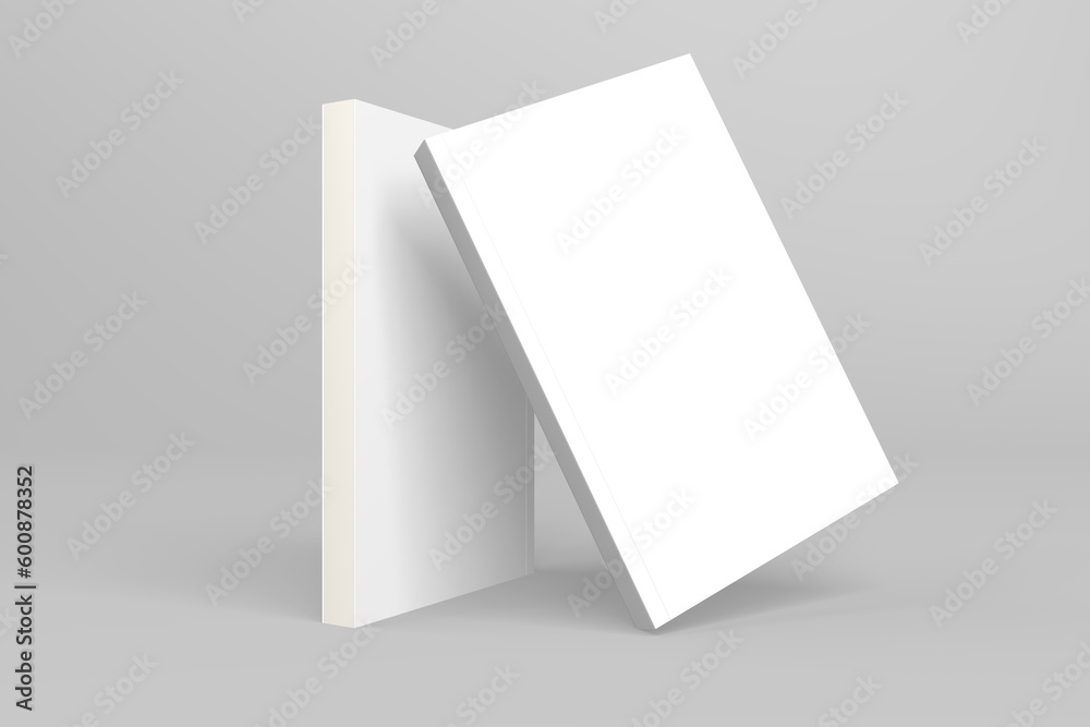 2 softcover book mockups are standing on a gray background, designed with 3D render visual effects that are indistinguishable from reality. A mockup, with flashy white covers resembling a real book. 2 softcover book mockups are standing on a gray background, designed with 3D render visual effects that are indistinguishable from reality. A mockup, with flashy white covers resembling a real book.