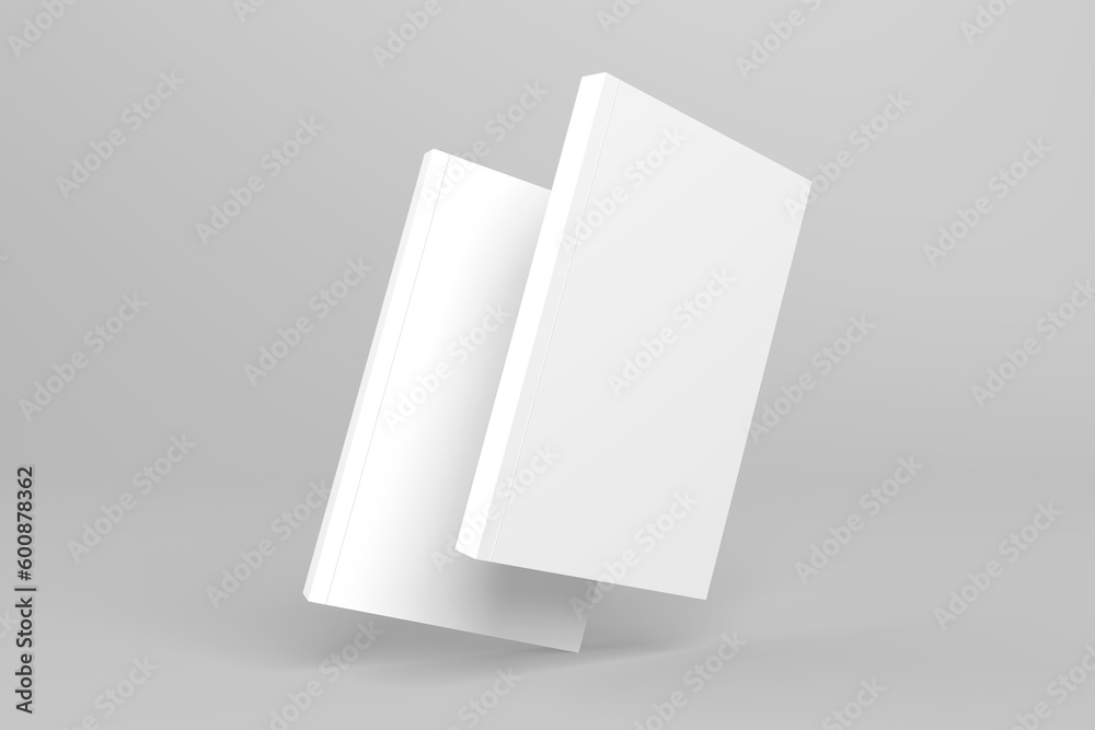 2 softcover book mockups are standing on a gray background, designed with 3D render visual effects that are indistinguishable from reality. A mockup, with flashy white covers resembling a real book. 2 softcover book mockups are standing on a gray background, designed with 3D render visual effects that are indistinguishable from reality. A mockup, with flashy white covers resembling a real book.