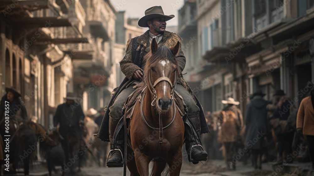 a cowboy on horseback rides through the streets of Rio de Janeiro. Generative AI