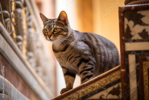 Environmental portrait photography of a happy havana brown cat kneading with hind legs against a decorative staircase. With generative AI technology