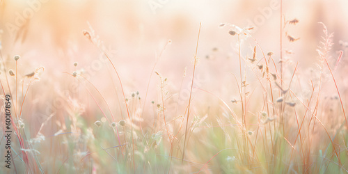 Pastel colored flower meadow, soft focus background with copyspace - generative AI