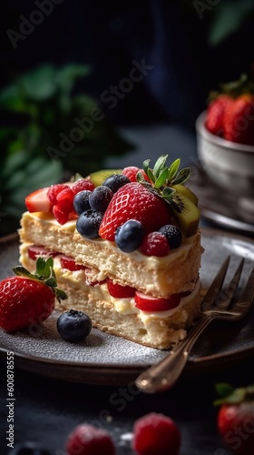 Slice of Napoleon cake, served with berries on plate. AI generated
