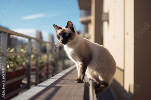 Environmental portrait photography of a curious siamese cat skulking against a sunny balcony. With generative AI technology © Markus Schröder