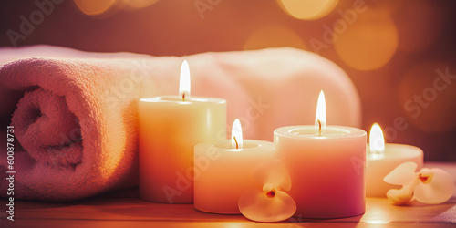 Candles with flowers, pink pastel dream atmosphere, spa environment, soft focus background with copyspace - generative AI