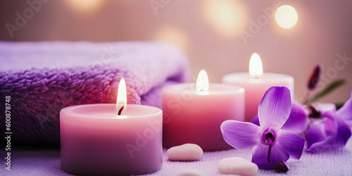 Candles with flowers  pink pastel dream atmosphere  spa environment  soft focus background with copyspace - generative AI