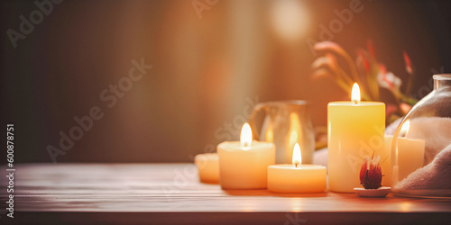 Burning candles in a spa environment, dreamy atmosphere, soft focus background with copyspace - generative AI