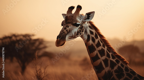 Immerse yourself in the serenity of the savannah as you admire a solitary giraffe against the backdrop of a breathtaking sunset, a harmonious blend of colors and textures that speaks to the soul.