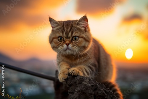 Medium shot portrait photography of a happy exotic shorthair cat climbing against a captivating sunset. With generative AI technology
