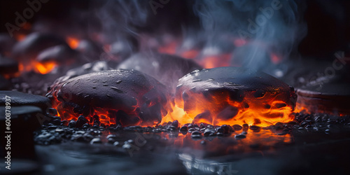 Melting stone hot smoke flame warm atmosphere, background with copyspace - generative AI