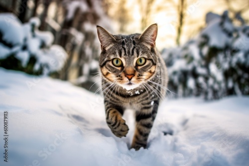Lifestyle portrait photography of a curious american shorthair cat playing against a snowy winter scene. With generative AI technology © Markus Schröder