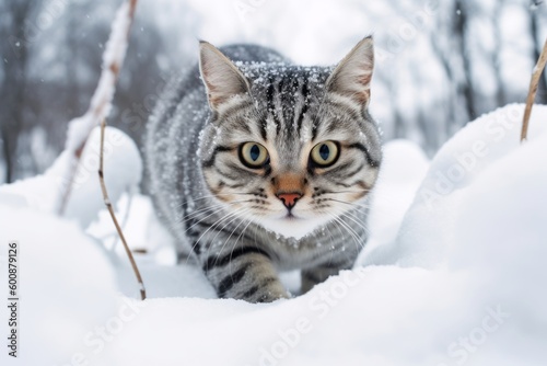 Lifestyle portrait photography of a curious american shorthair cat playing against a snowy winter scene. With generative AI technology © Markus Schröder