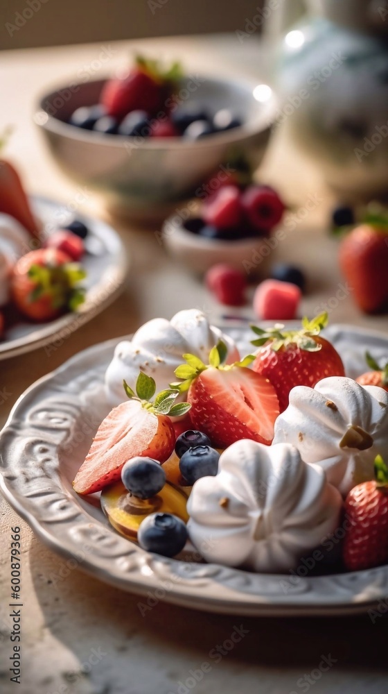 Sweet meringues dessert in plate with freshness berries mix with AI generation Sweet meringues dessert in plate with freshness berries mix with AI generation