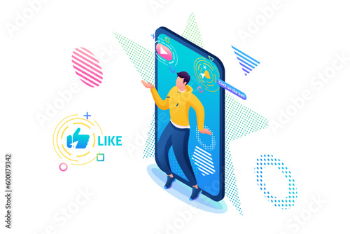 Isometric 3D. Channel About The Dance Of a Young Guy Tectonics, Freestyle. Do You Want To Learn To Dance. Concept For Web Design