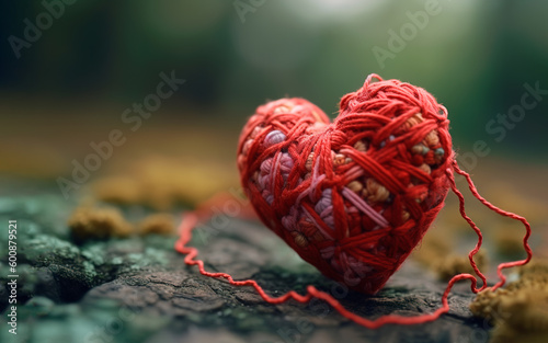 Yarn heart is ready to be unraveled by the pull of a thread. Concept of love. Generative AI