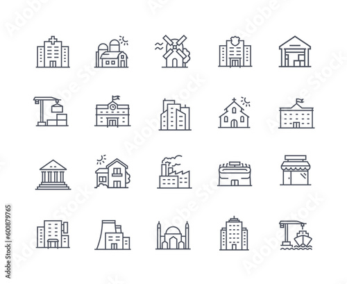 Buildings icons outline set