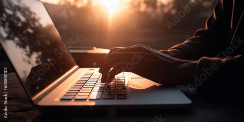 hand tapping on a laptop, sunset, work
