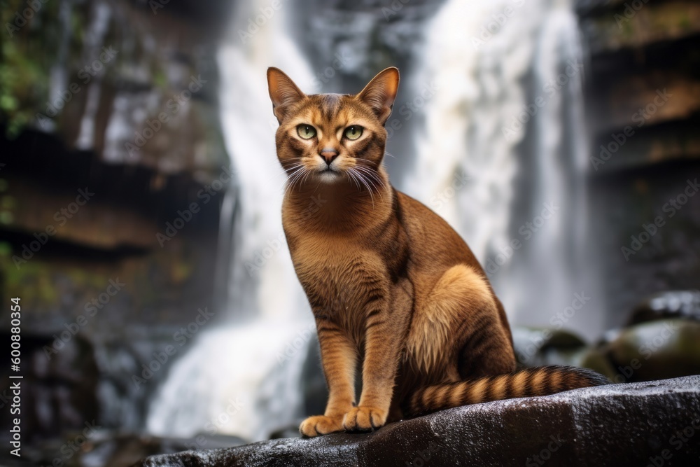 Group portrait photography of an angry abyssinian cat scratching against a majestic waterfall. With generative AI technology Group portrait photography of an angry abyssinian cat scratching against a majestic waterfall. With generative AI technology