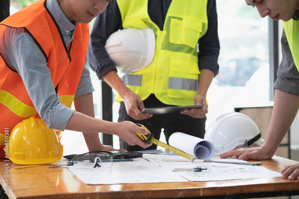Asian engineers brainstorm and measure to document cost estimates and write floor plans for architectural and engineering designs for houses and buildings. Asian engineers brainstorm and measure to document cost estimates and write floor plans for architectural and engineering designs for houses and buildings.