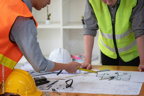 Asian engineers brainstorm and measure to document cost estimates and write floor plans for architectural and engineering designs for houses and buildings.