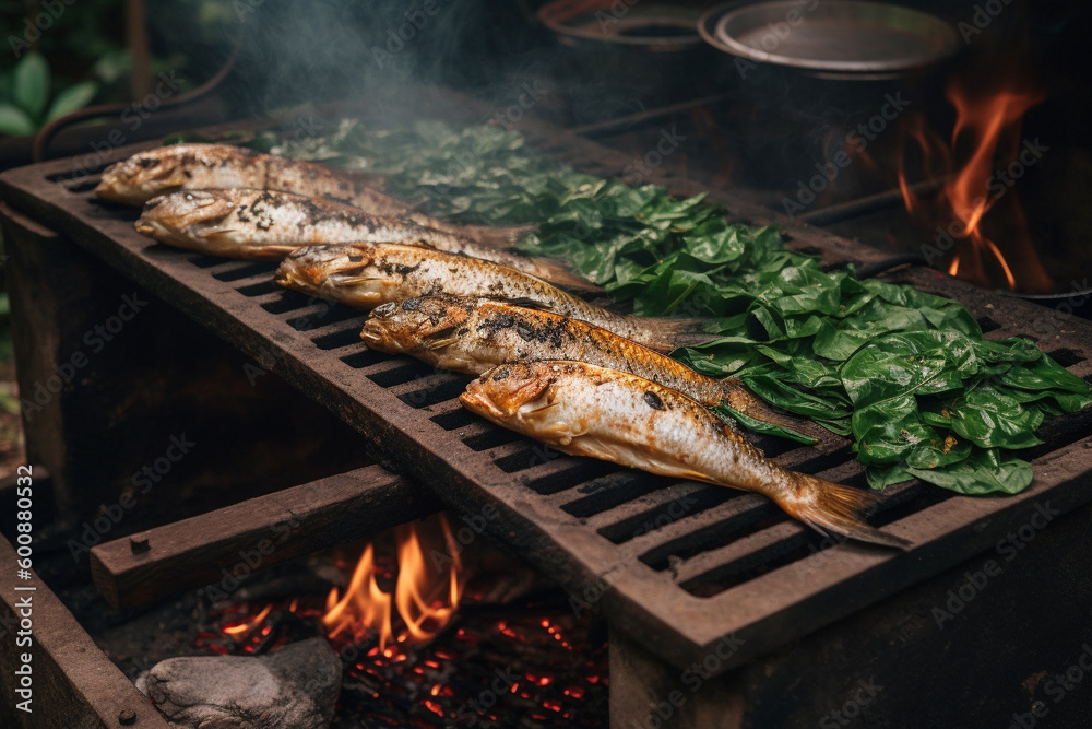 whole fish on grill grid, charcoal fire bbq. Generative AI whole fish on grill grid, charcoal fire bbq. Generative AI