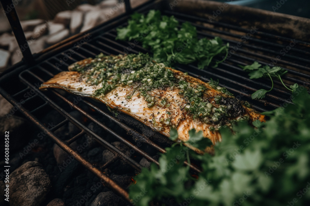 whole fish on grill grid, charcoal fire bbq. Generative AI