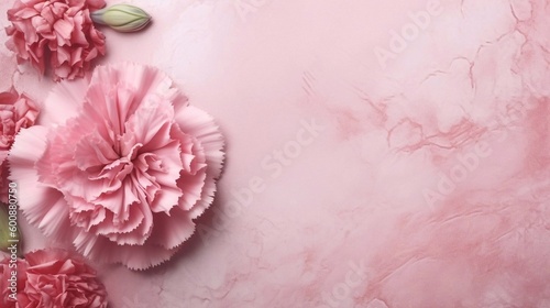 Pink Carnations on light background with copy space. Illustration concept for Mother's Day holiday greetings card. Generative AI