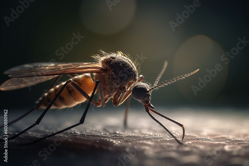 Mosquito, close up macro view of mosqito on human skin. Generative AI © marcin jucha