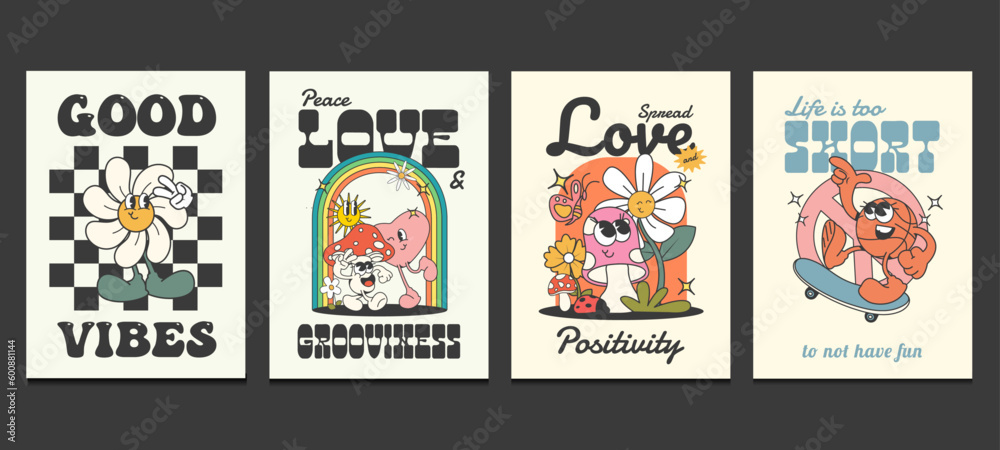 groovy  hippie 70s posters with positive quotes, vector illustration