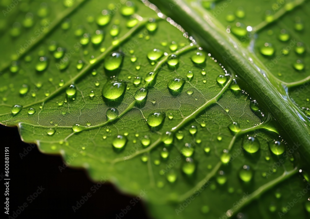 Close up of Fresh Green Leaf with Dew Water Drops After Rain. Generative AI. Close up of Fresh Green Leaf with Dew Water Drops After Rain. Generative AI.
