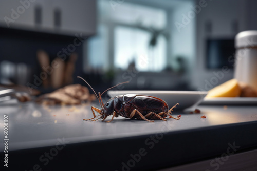 Cockroach on kitchen table with food leftovers.Pest control concept. Generative AI © marcin jucha