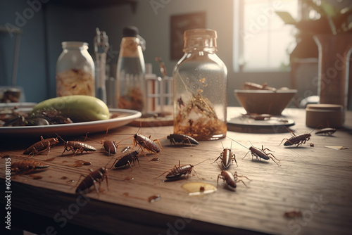 Cockroach on kitchen table with food leftovers.Pest control concept. Generative AI photo